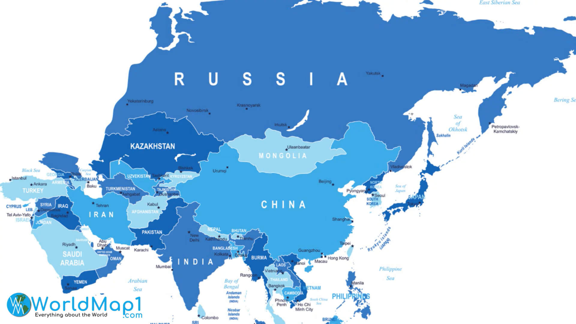 Karte von Russland mit dem Nahen Osten und Asien